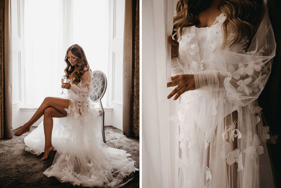 Bride in dressing gown on her wedding morning