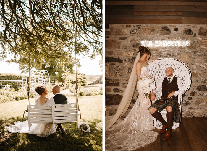 A bride and groom sitting on a large white wooden swing underneath a tree in a garden setting on left. A groom sitting on a white peacock chair next to a stone wall and neon sign, as a bride stands and looks at him on right