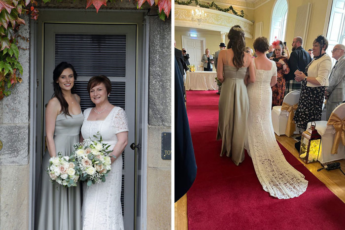 On the left a bride in a white dress and a bridesmaid in a silver dress stand in a doorway holding their white bouquets, on the right the same bride and bridesmaid walk down the aisle arm in arm