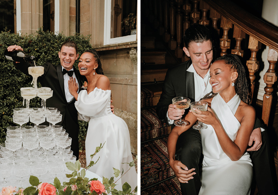 Groom pours champagne into top glass of champagne tower and bride and groom enjoy a glass together