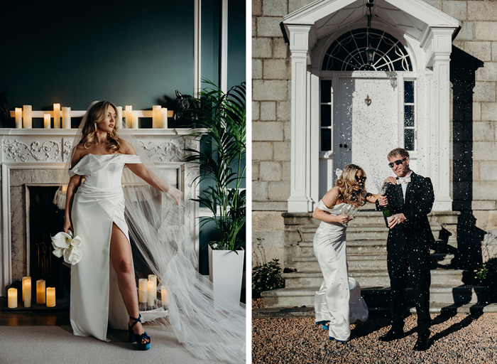 a bride posing by an ornate white fireplace with lots of candles on the mantelpiece and on the floor on left. A bride and groom spraying a bottle of champagne in front of a white door on right