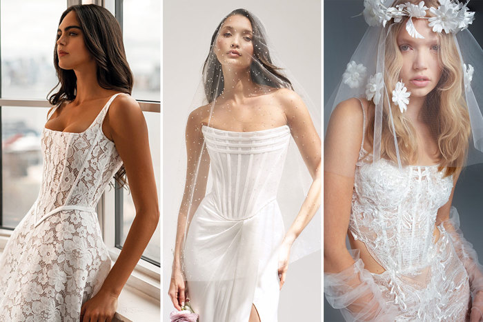 Three wedding dresses featuring exposed corsets styled by three different models