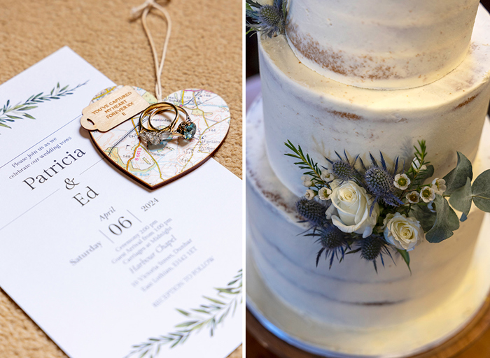 a close up detail of a wedding invitation and wooden heart decoration with a map on it on left. A close up of a three tier buttercream coated wedding cake with rose flower decoration on right.