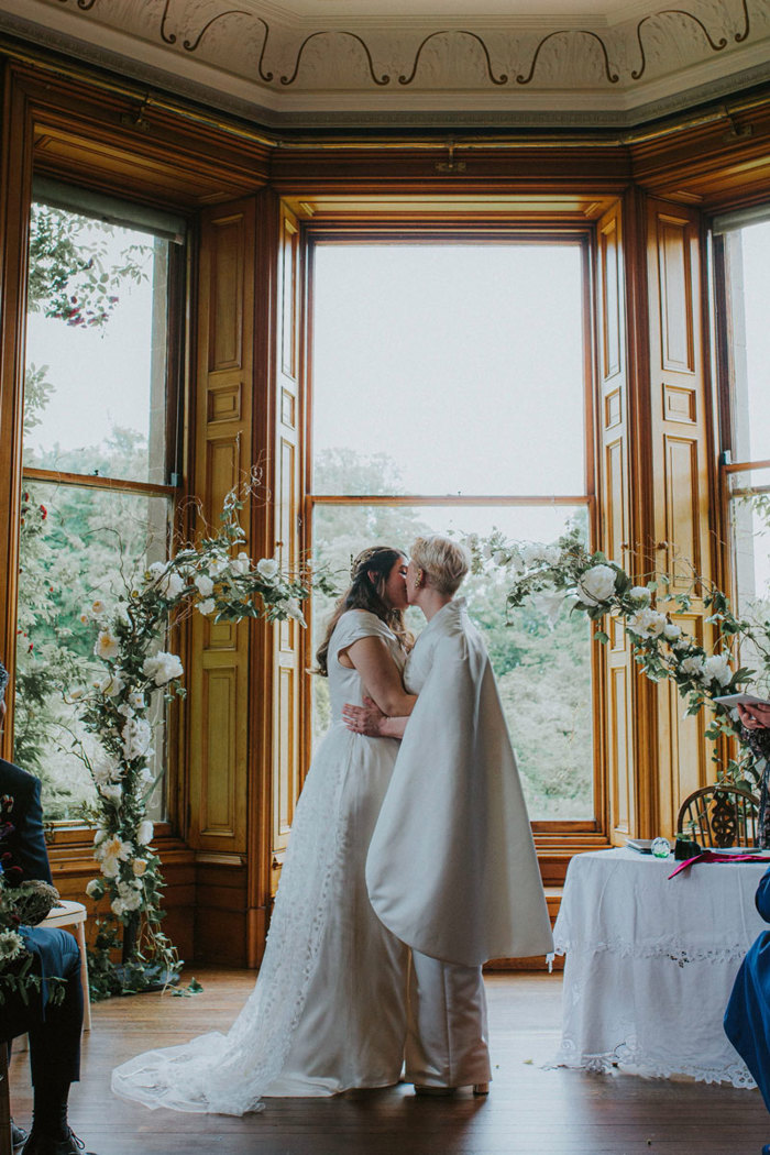 two brides share first kiss after humanist wedding ceremony at cambo house