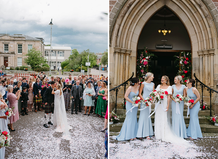 On the left a newlywed couple kiss surrounded by confetti and on the right a bride stands with her bridesmaids who are wearing blue dresses in front of a church