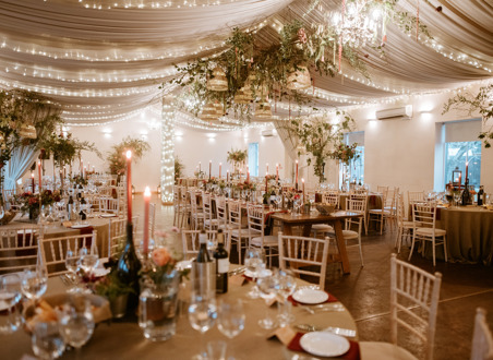 Tables and chairs set up for a wedding breakfast at Logie Country House in Aberdeen