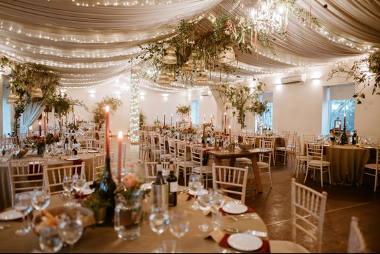 Tables and chairs set up for a wedding breakfast at Logie Country House in Aberdeen