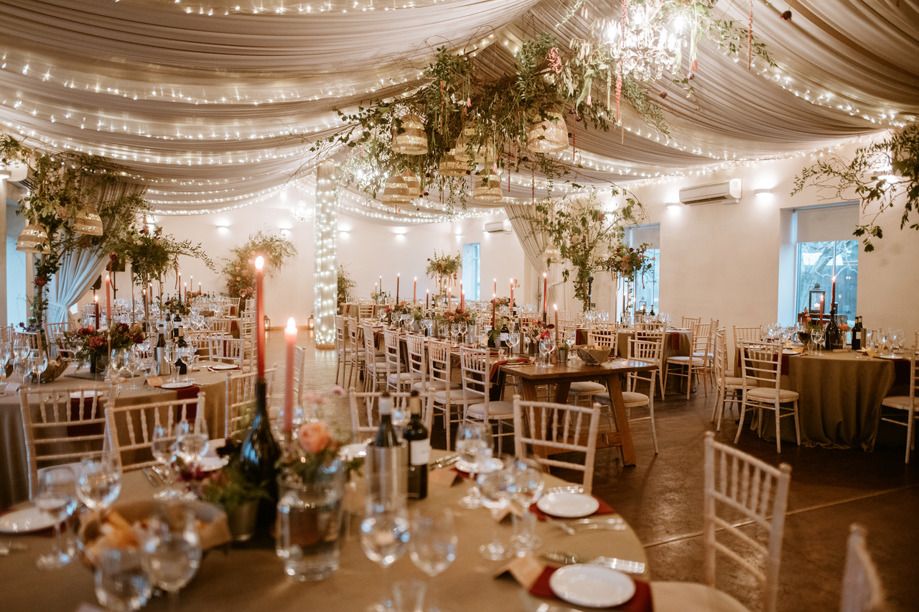 Tables and chairs set up for a wedding breakfast at Logie Country House in Aberdeen