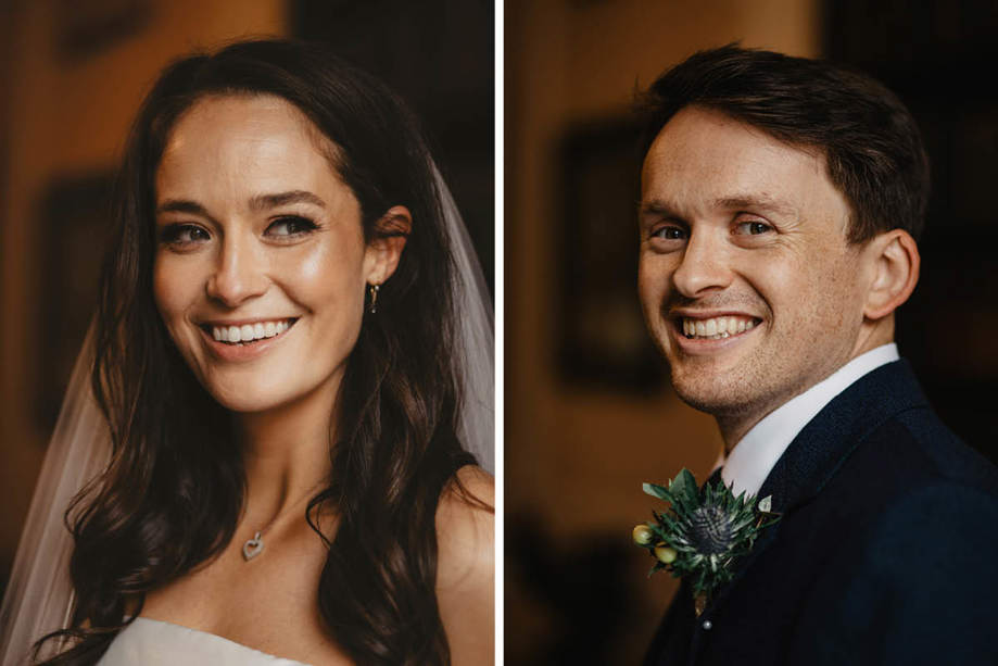 Jennifer Reoch Wearing A Wedding Dress And Veil And Smiling On Left And Person Wearing A Suit And Buttonhole And Smiling On Right