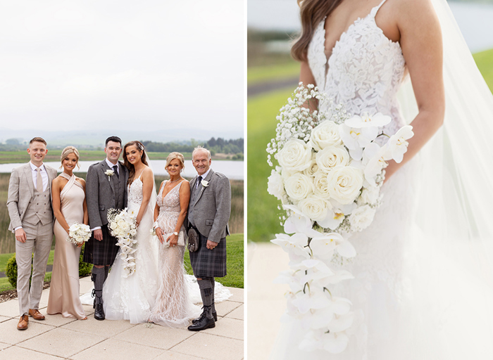 a wedding group portrait at Lochside House Hotel on left. A close up of a bride in a lace dress holding a white rose, orchid and gypsophila wedding bouquet on right