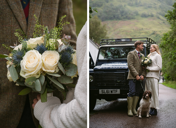 a close up of a white rose and thistle bridal bouquet on left. A bride and groom posing with a dog while standing in front of a dark blue Land Rover vehicle. The bride and groom are wearing wellies. There are trees and a green hilly landscape behind them