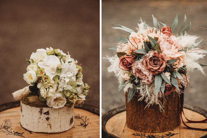 White bouquet and pink bouquet