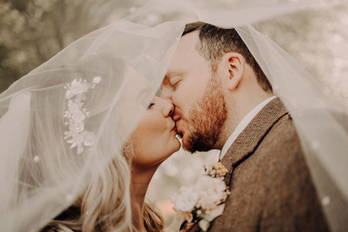 Bride And Groom Kiss under veil