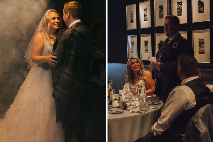 A Bride And Groom At A Wedding Reception With Groom Doing A Speech