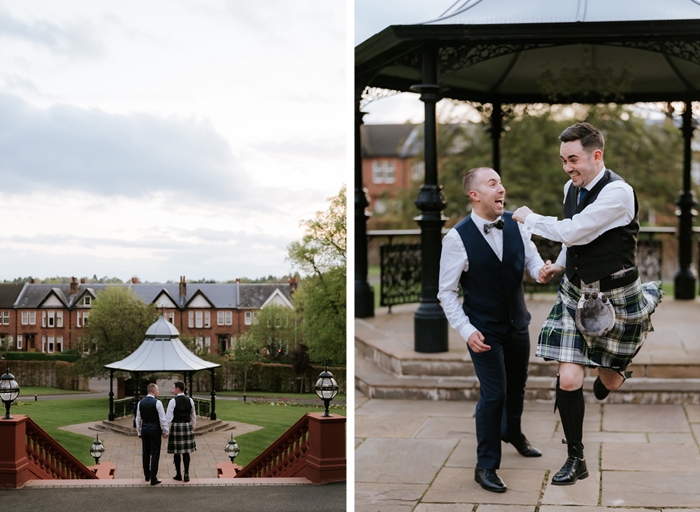 two grooms posing in the bandstand at Boclair House