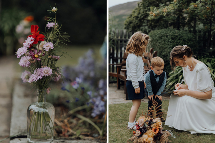 Flower display and bride interacting with small children