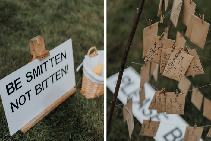 Sign reading 'be smitten not bitten' and confetti packets