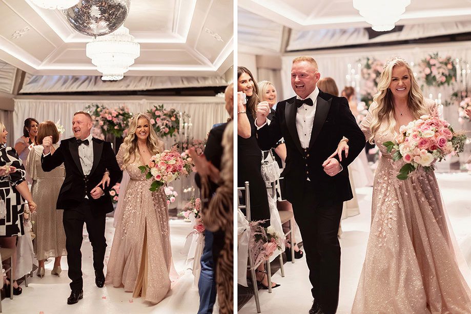 a bride and groom walking up aisle at Torrance Hotel