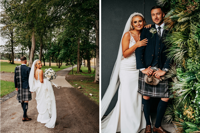 Bride and groom walking down path, and photo of them smiling