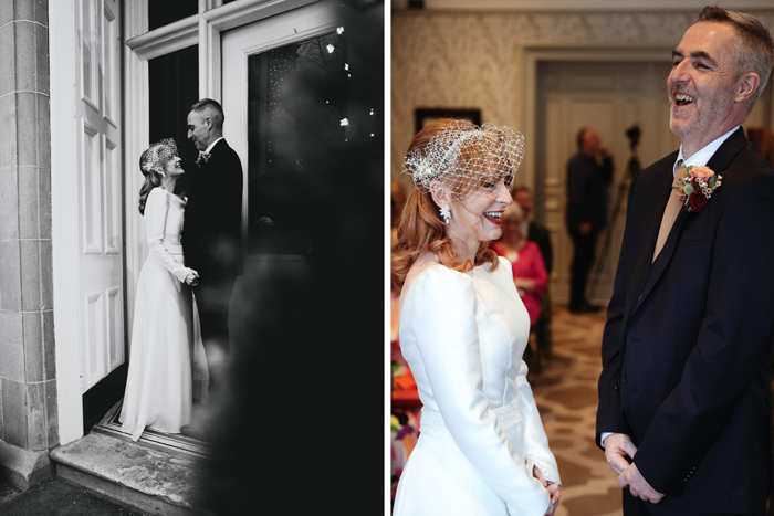 two photos of a bride and groom standing next to each other smiling 