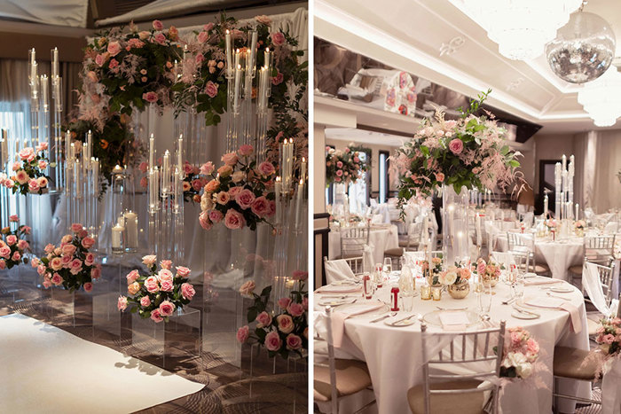 pink roses wedding decor and table set-up by Supernova Wedding Design at the Torrance Hotel