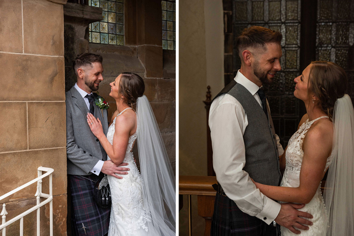 A Bride And Groom Posing For Pictures At Cornhill Castle