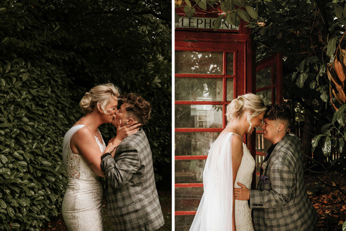 Couple portraits outside red phone box