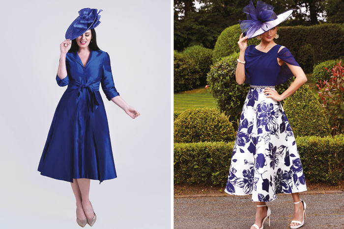 Model wears navy Bombshell London tea dress and model wears white and navy floral print dress