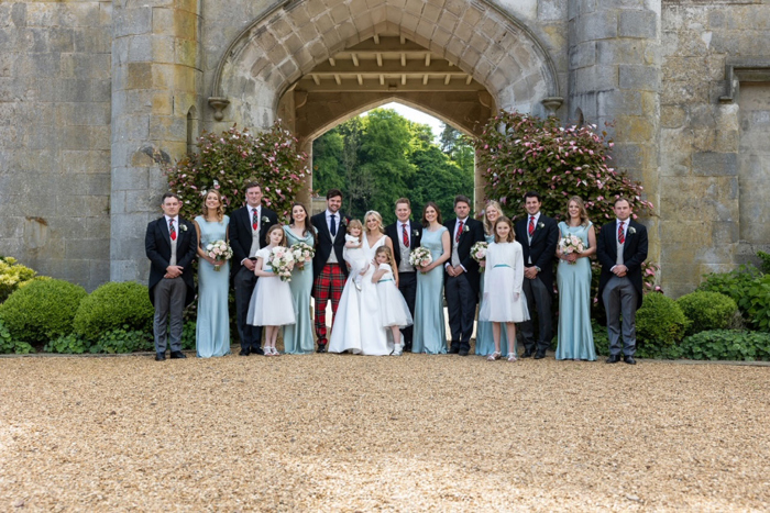 Outdoor group shot of the wedding party