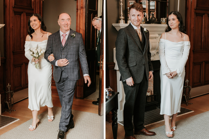 Father of the bride walks her into ceremony before she takes place beside groom