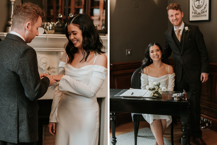 Groom putting ring on bride's finger during ceremony and smiling before signing legal documentation