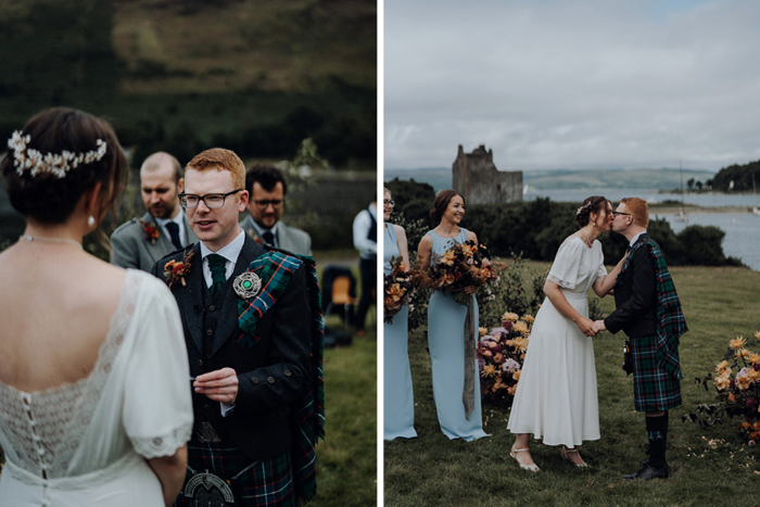 Images showing the bride and groom doing their vows and kissing during the ceremony