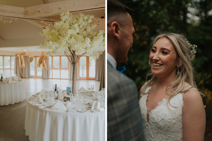 Room At Forbes Of Kingennie Set For A Wedding With White Round Tables With Cherry Blossom Tree Centrepiece On Left And Smiling Bride Looking At Groom On Right