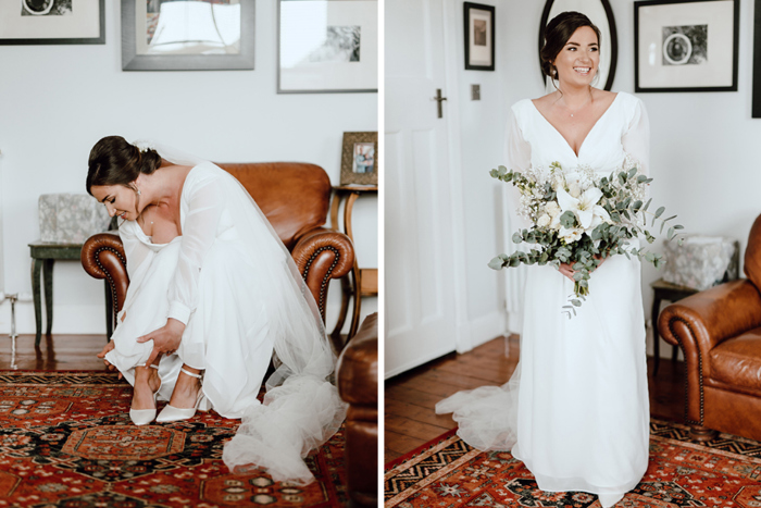 Bride getting ready and holding her bouquet