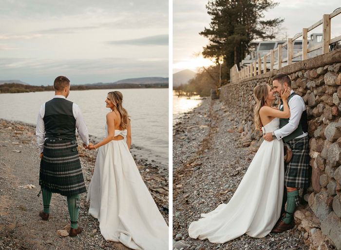 a bride and groom posing for portraits on a stony riverbank and against a stone wall