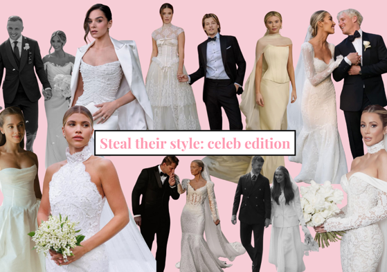 a collage of cut out images of brides and grooms with a title across the middle that says 'steal their style: celeb edition'