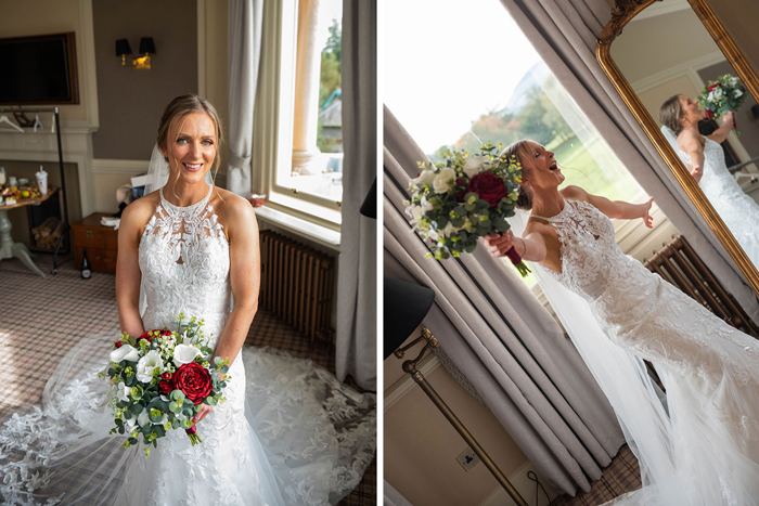 A Bride Posing For Pictures Wearing A Lace Halterneck Wedding Dress