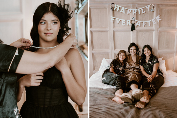 Bridesmaid has a necklace put on her and bride poses with bridesmaids on the morning of in second image