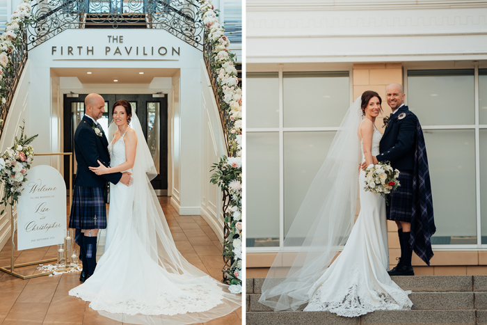 bride and groom posing for wedding portraits inside and outside The Firth Pavlion at Seamill Hydro