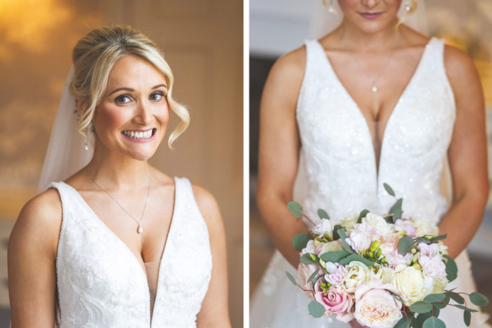 two side by side images of bride, showing off her bouquet and the top half and plunge of her wedding dress 