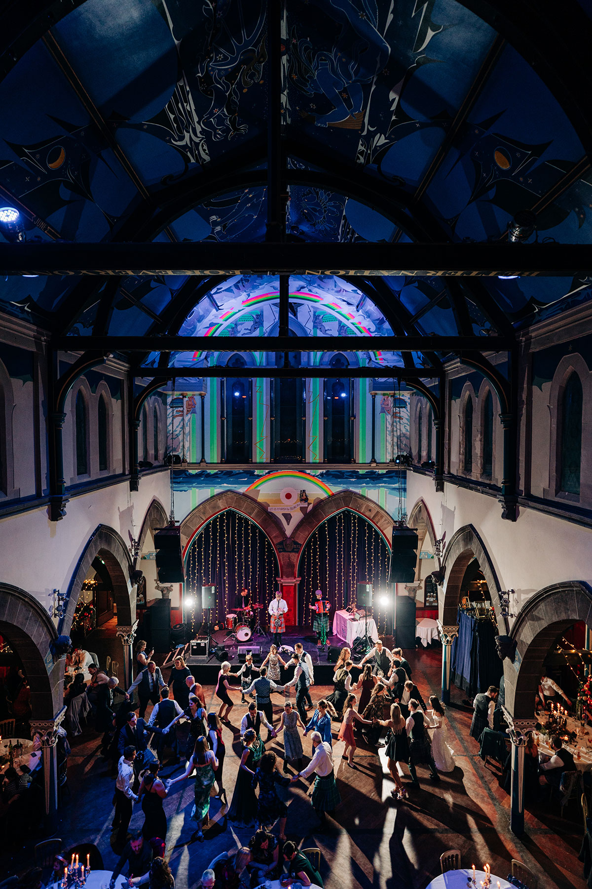 birds eye view of wedding at oran mor of guests ceilidh dancing