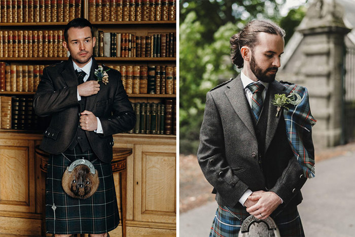 Two men standing in kilts 