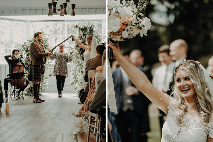 Couple do a handfasting ceremony and bride holds up her bouquet 