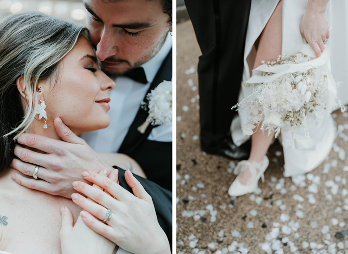 Two photos: on the left a close up of a man and woman standing with their faces close together and their hands touching, on the right a picture of their feet surrounded by white confetti on the ground