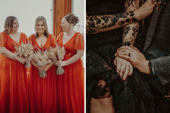 Bridesmaids in orange dresses with dried bouquets and close up of couple's wedding rings