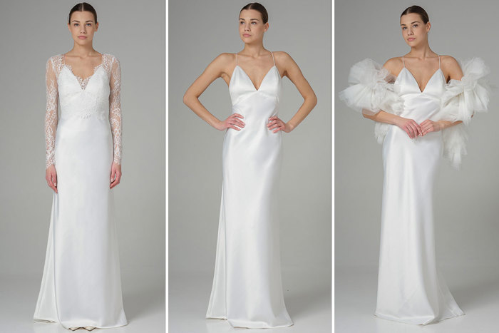 A wedding dress shown three ways, one with lace sleeves, one with thin straps and one with a tulle bolero 