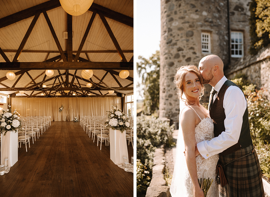 Barn @ Barra Castle set with rows of chairs for a wedding ceremony on left. A bride and groom posing in the gardens at Barn @ Barra Castle on right