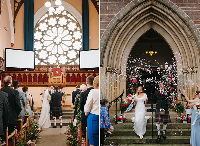 on the left a bride and groom at the alter of a church, on the right the couple coming down the church stairs outside as confetti is thrown over them