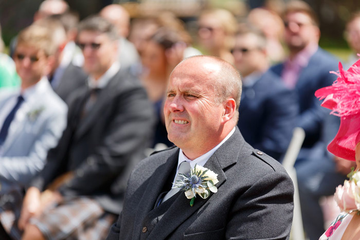 a man sitting among a group of people outside