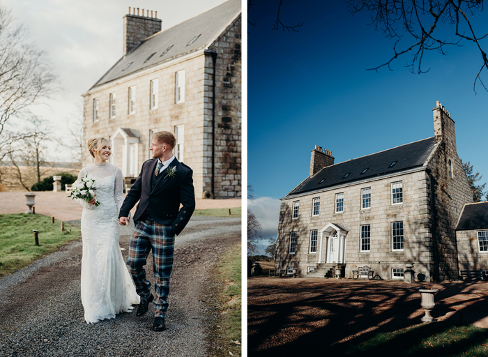 A bride and groom walking hand in hand outside House of Elrick on left. Exterior of House of Elrick with blue sky on right.